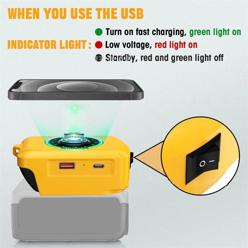 Wireless Phone Charger For Dewalt 20V Li-ion Battery USB Adapter With Type-C Charge Port Portable Power Bank