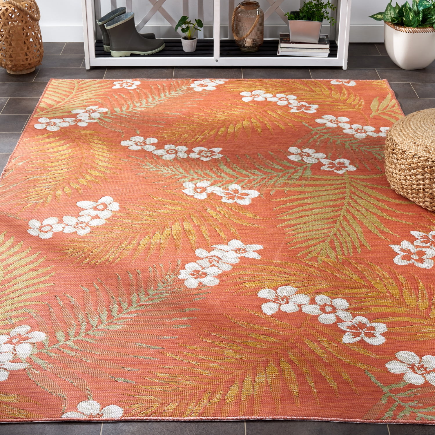 SAFAVIEH Sunrise Jane Floral Reversible Indoor/Outdoor Area Rug, Ivory/Rust Sage, 5'3" x 7'7"