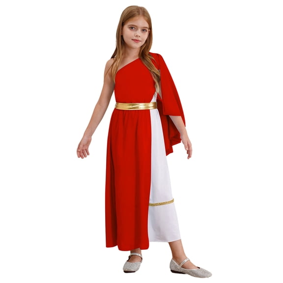 TiaoBug Girls Ancient Greek Toga One Shoulder Ruffles Maxi Dance Dress for Halloween Festival Show Red 14