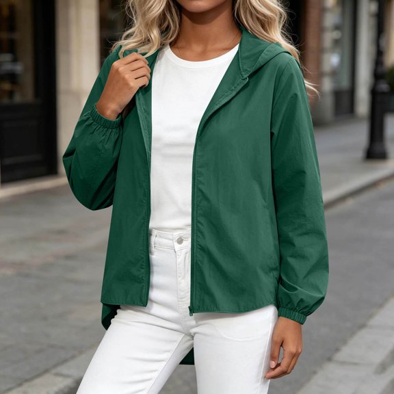 CQONEPT Women Hooded Zip Up Short Jackets Windbreaker Long Sleeve Loose Lightweight Travel Fall Fashion Casual Coat Army Green L