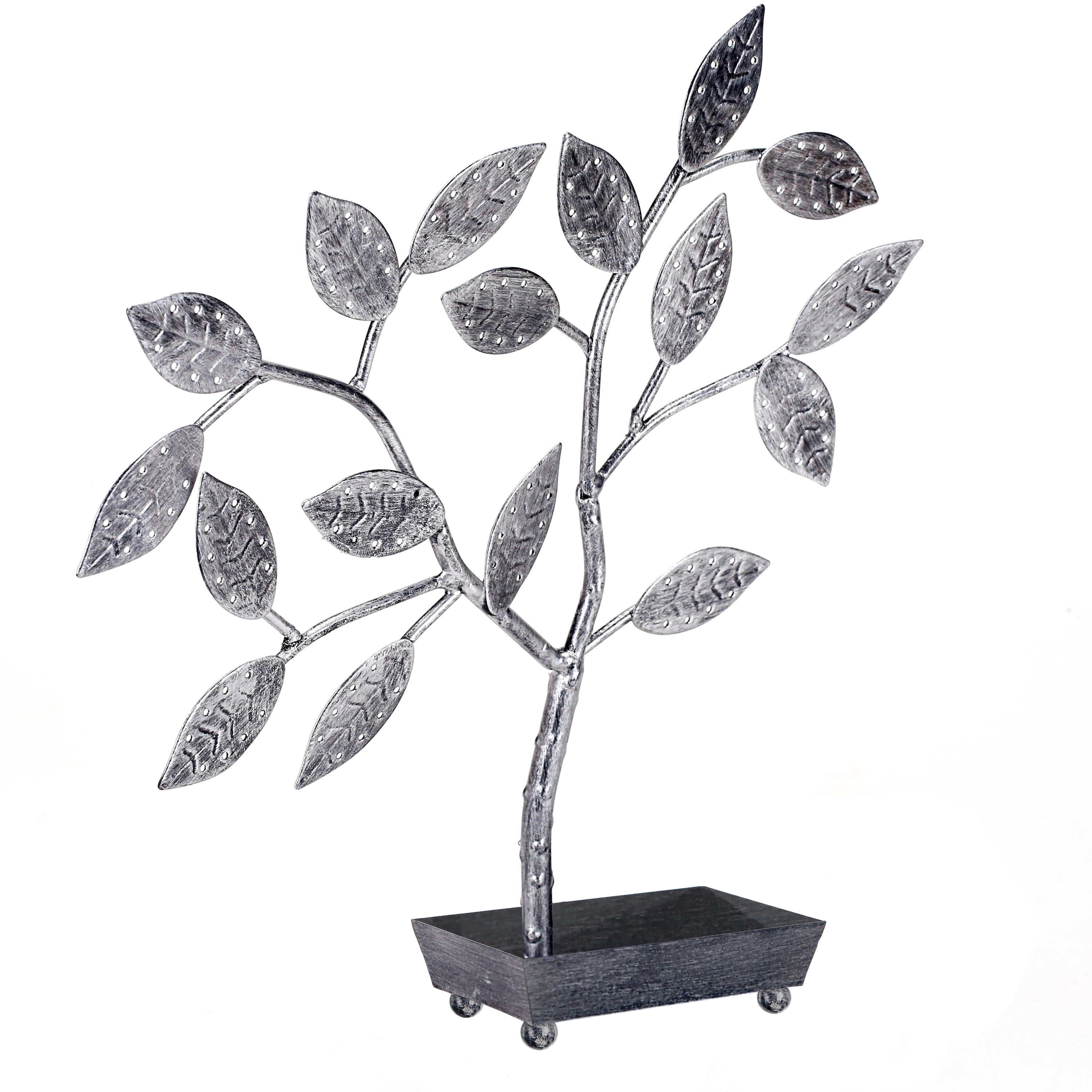 MyGift Tree Design Jewelry Hanger, Earring Necklace Holder with Ring Dish Tray, Silver