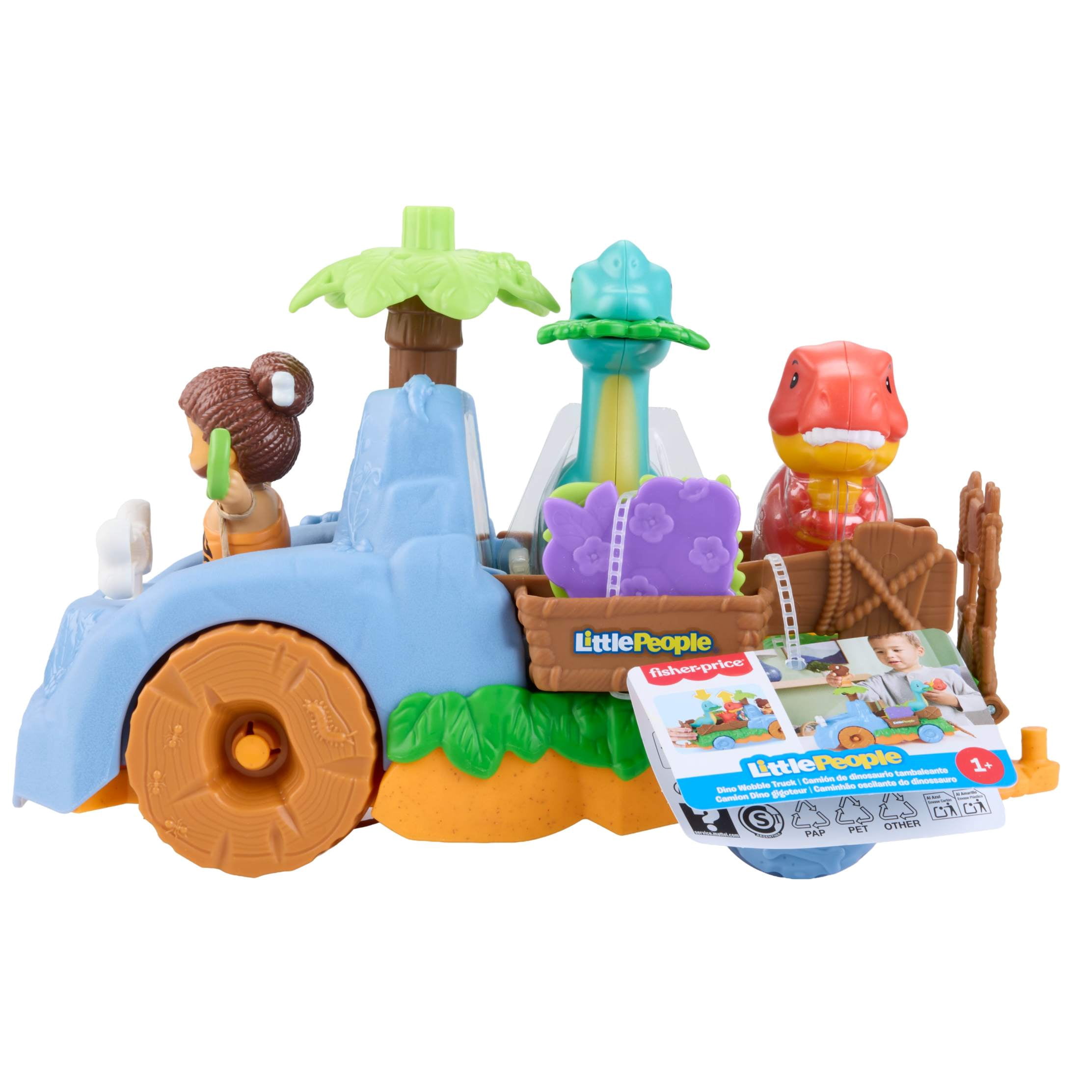 Fisher-Price Little People Dino Wobble Truck, 6-Piece Dinosaur Toy Set for Toddlers