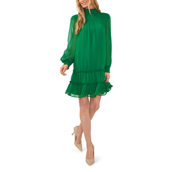 Women's Long Sleeve Mock-Neck Ruffle Hem Dress Lush Green M