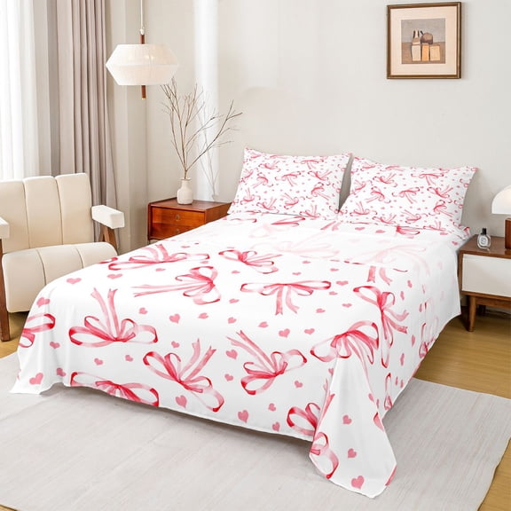 jejeloiu Red Ribbon Bowtie Twin Sheet Sets,Kawaii Bowknot Bow Bedding For Girls Teens 3 Pieces