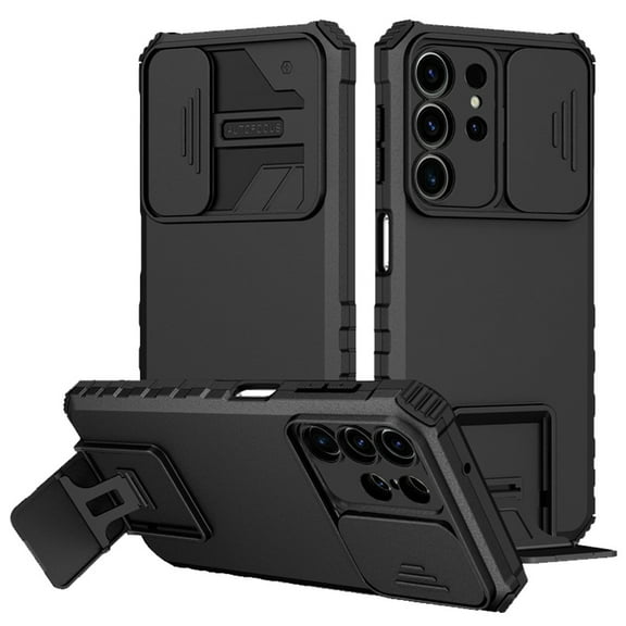 Military Grade Camera Privacy Cover Hybrid Case with Kickstand for Samsung Galaxy S24 Ultra - Black