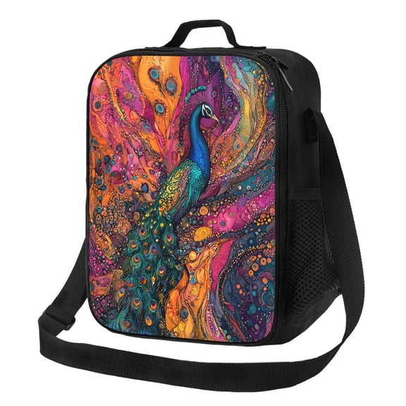 Boho Peacock Lunch Bag Reusable Lunch Box Insulated Tote Bag with Adjustable Shoulder Strap
