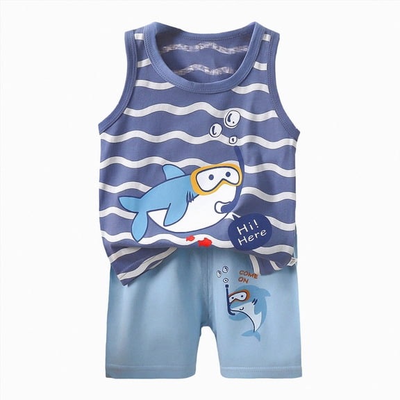 dmqupv Boys Pajama Cotton Shorts Soft Pajamas for Boys Sleeveless Top and Shorts Snug Fit Cotton Pajama 2 Piece Set Dark Blue,18-24 Months