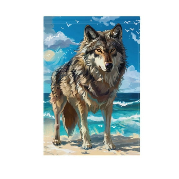 Cool Wolf on Beach Garden Flag House Banner 12" x 18" Double Sided Outdoor Yard Decoration