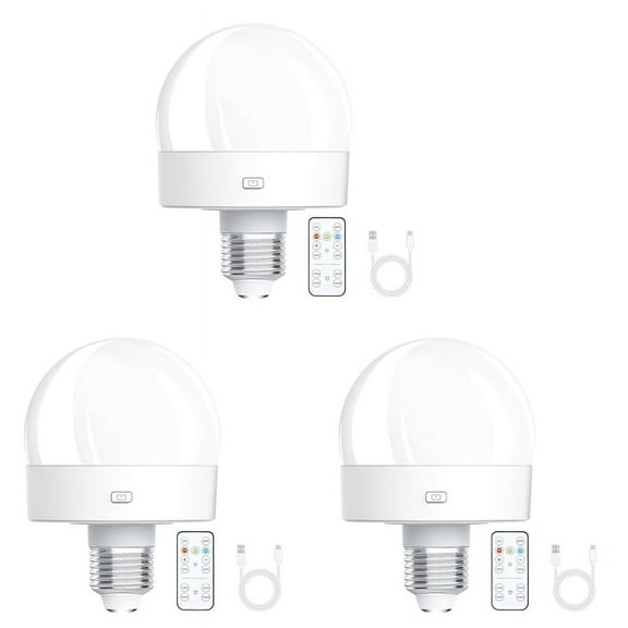 3X Rechargeable Battery Operated Light Bulbs, 300LM E26 Screw in Light Bulb for Lamps with Remote Control Dimmable&Timer