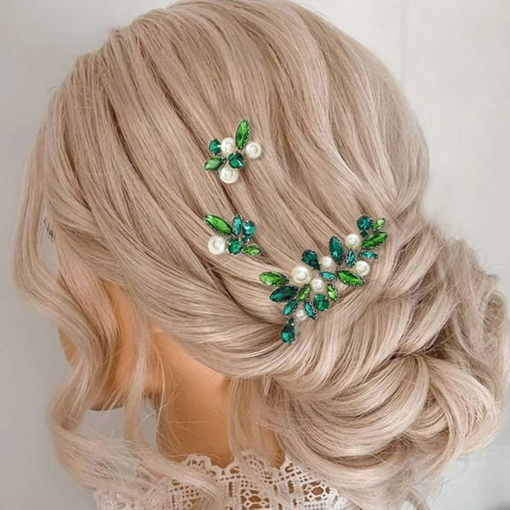Green Rhinestone Bridal Hair Pins Silver Crystal Bride Wedding Hair Pieces Pearl Hair Accessories for Women and Girls (Pack of 3)