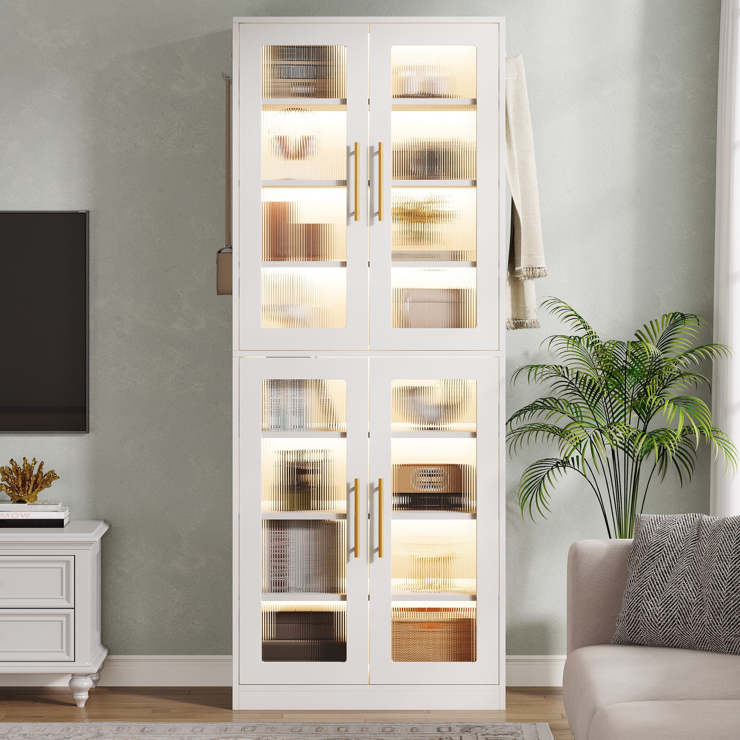 Fnova 66.93" Bookcase with Doors, 8 Tier Storage Cabinet with LED Lights for Living Room, Bedroom, Study, White