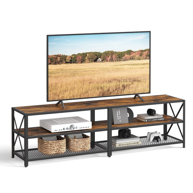 Mueble de TV, Mesa de TV para Televisores de hasta 75 Pulgadas, Ancho 178 cm, Marco de Acero, con Estantes, para Salón, Dormitorio, Marrón Rústico y Negro LTV096B01