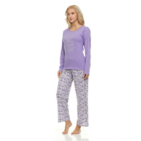 

Lati Fashion 100% Cotton Women Pajamas Set Pants and Top Long Sleeve 2-Piece Female Pajamas Set Purple L