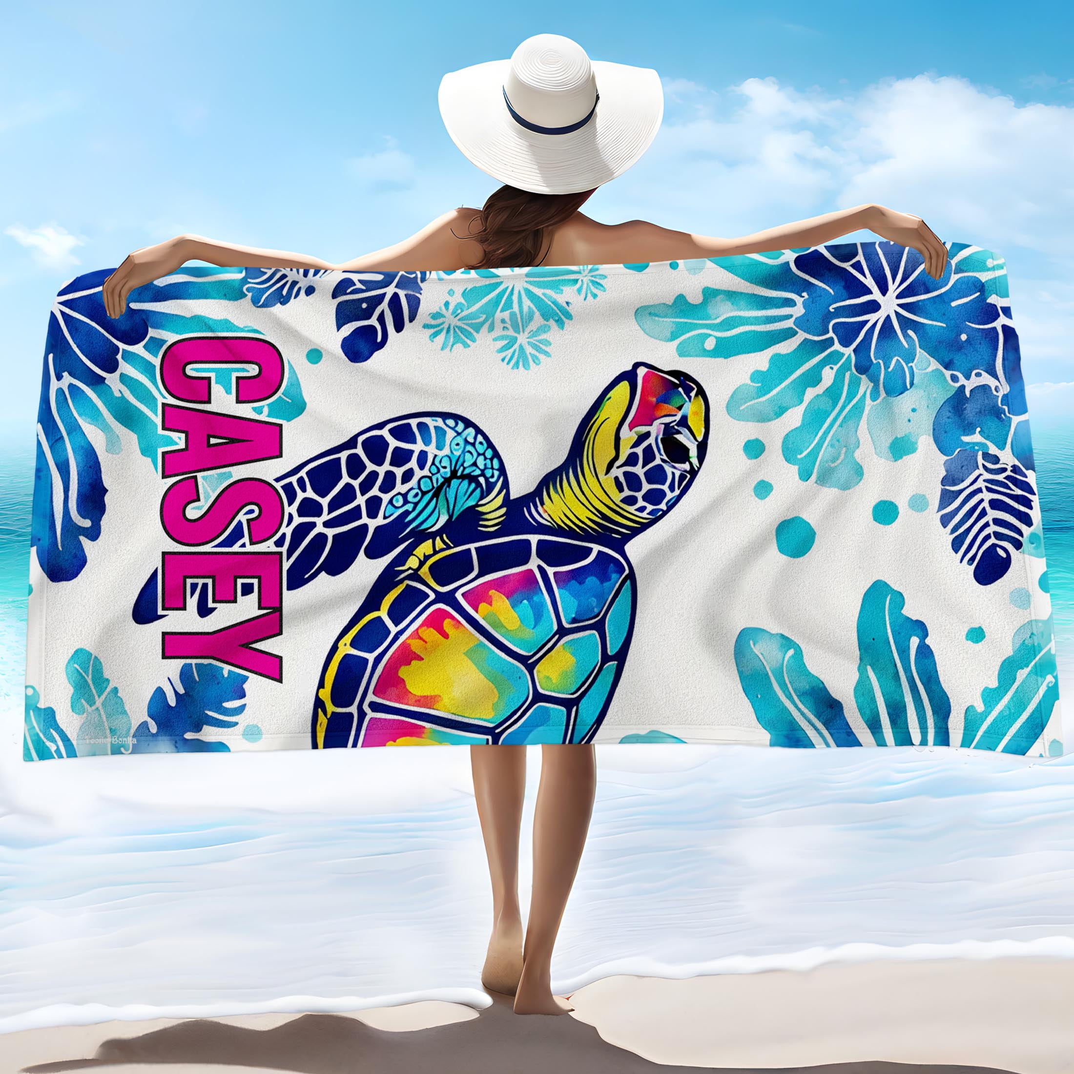 Toolie Bonka Personalized Splash Turtle Beach Towel for Boys, 30in X 60 Dual sided Polyester & Cotton gift towels for kids