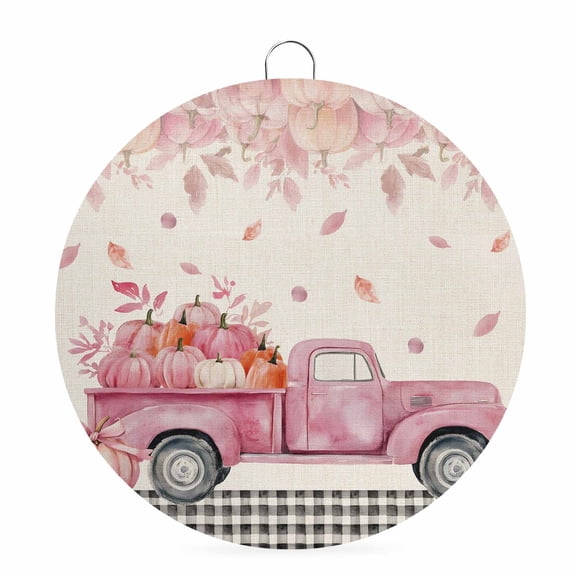 Welcome Sign Front Door Decorations, Pink Pumpkin Round Wall Art Outdoor Metal Wreaths, Fall Thanksgiving Leaves Truck Plaid Beige Seasonal Hanging Sign for Home Porch Decor Warming Gift 6 In