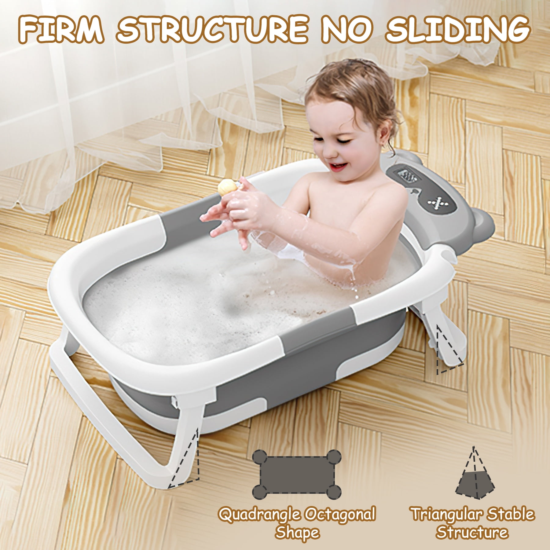 Baby Bathtub, Collapsible Newborn Bathtub for Infant to Toddler 0-1 Year with Soft Cushion+Baby Tub Sling and Thermometer, Portable Travel Bathtub, Foldable Infant Bathtub with No-Slip Feet, Grey
