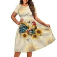 thumbnail image 3 of SCRAWLGOD Rooster Sunflowers Dress Women Casual Summer Dresses Midi Length with Sleeves Elastic High Waist Dress for Women Summer Wide Neck Summer Dress Midi for Have Fun Size M, 3 of 7