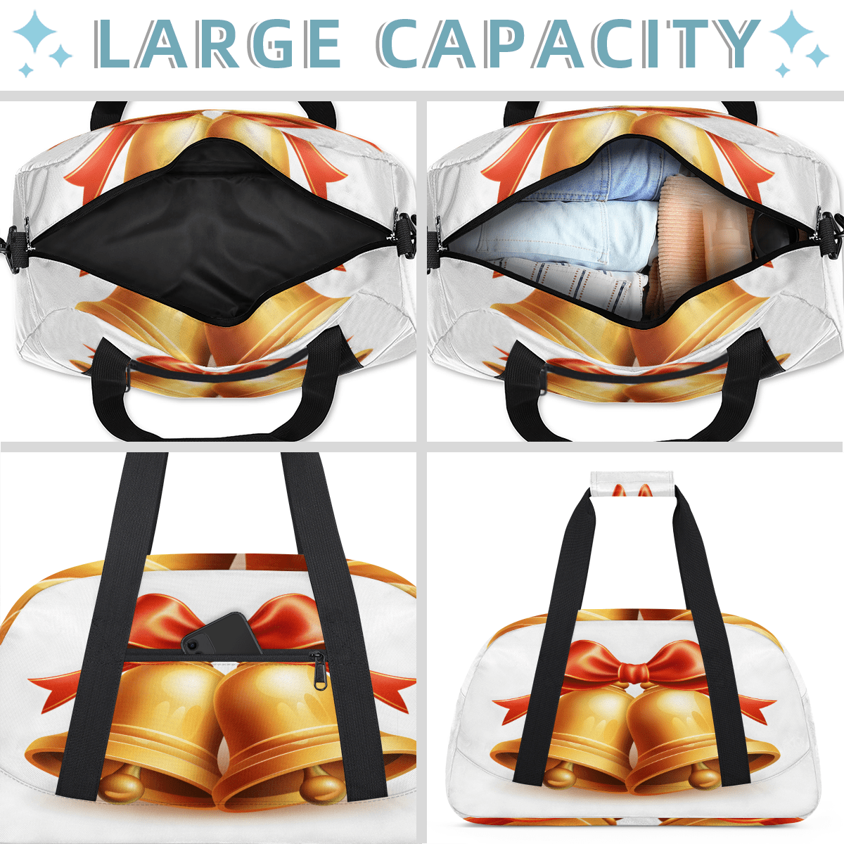Herdesigns Christmas Sports Duffle Bag for Women & Men, Golden Bells Gym Bag Dance Bag Overnight Bag Carry On Weekender Travel Bag