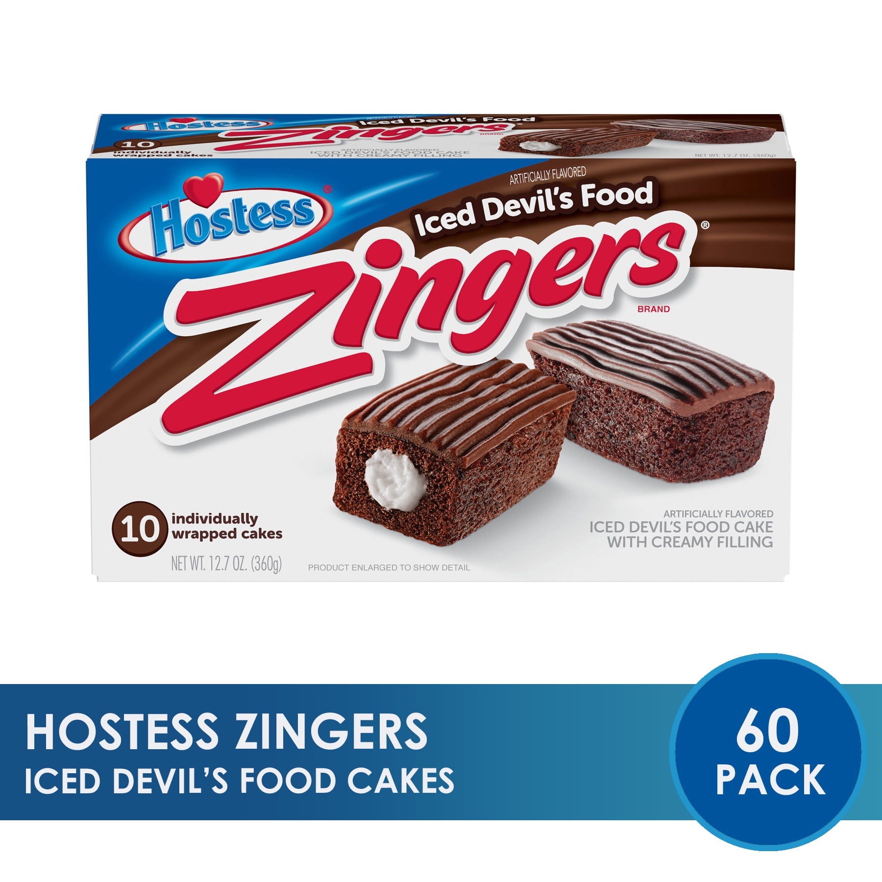 (60 Pack) Hostess Devil's Food Zingers, Chocolate Snack Cakes, 1 Count Bags