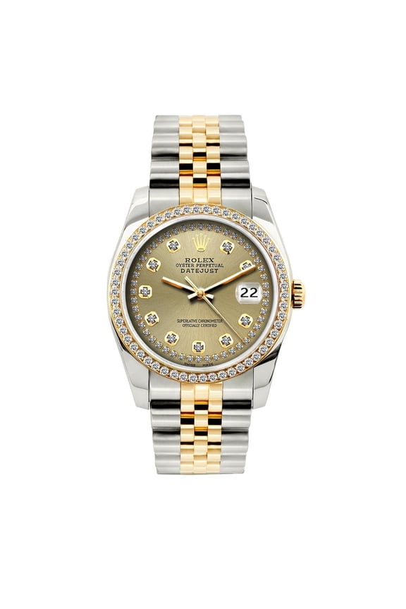 Pre-Owned Rolex Datejust 36MM 16233 Champagne Diamond Dial Diamond Bezel Two Tone Yellow Gold Jubilee Bracelet 1.2ct
