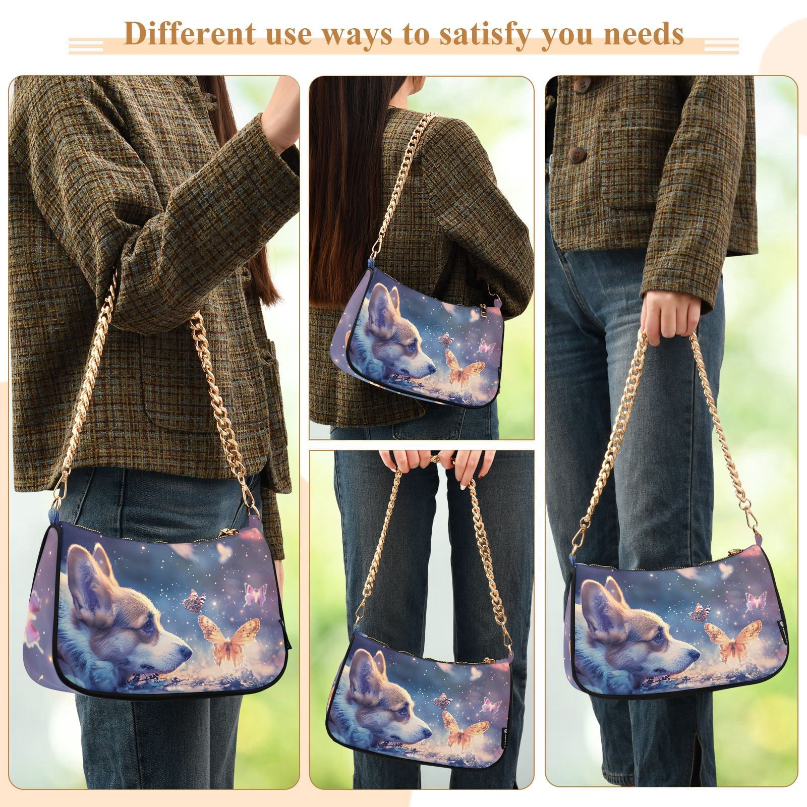 Corgi and Butterflies DogWomen Small Shoulder Bag Crossbody Tote Hobo Bags Purse Clutch Handbags with Chain Strap for Women