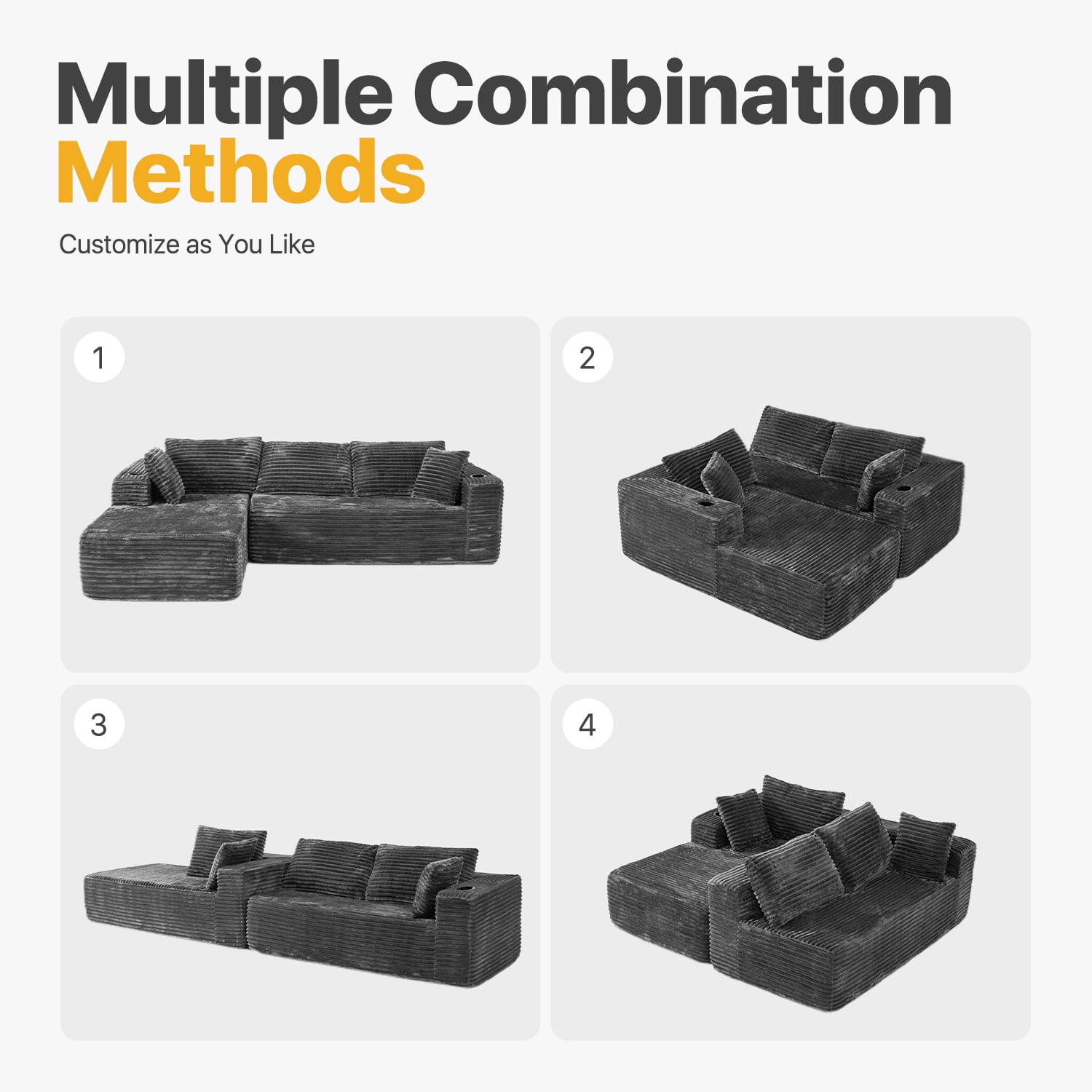 BaPiPro 105.5" L-Shaped Boneless Corduroy Cloud Sofa, Deep Chaise w/ Cup Holders & Wide Arms, Detachable Washable Cover, No Assembly Floor Couch for Living Room & Apt, Dark Gray