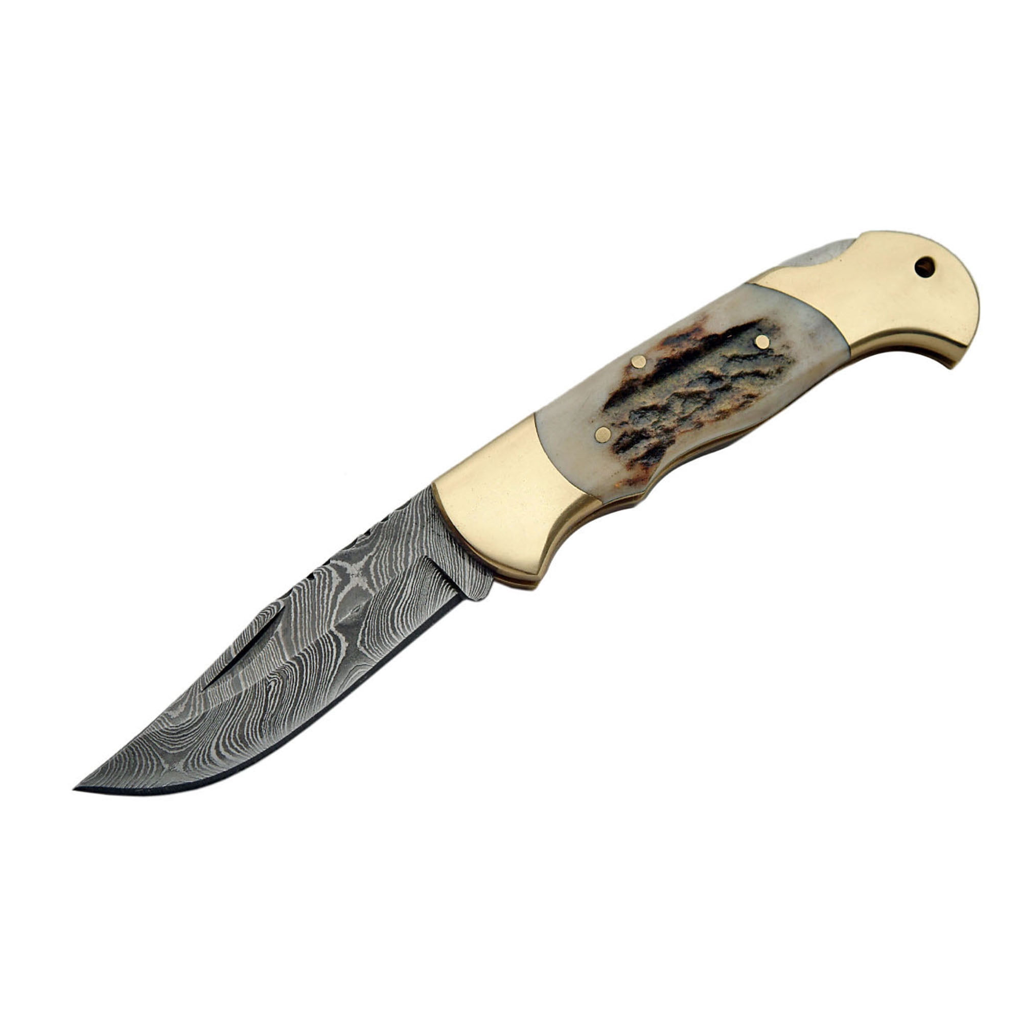SANZ 4.25 Inch Curved Lockback Folding Utility Knife with Damascus Pattern Blade and Stag Handle",