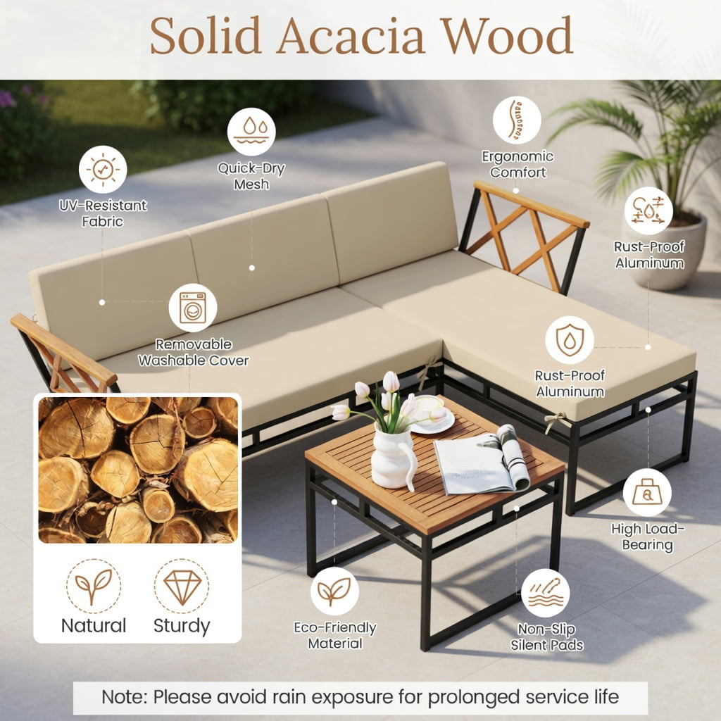 Hommoo 3-Piece L-Shaped Outdoor Patio Furniture Set, Cushioned Acacia Wood Loveseat & Lounge Sofa with Coffee Table for Porch, Backyard, Poolside, Brown
