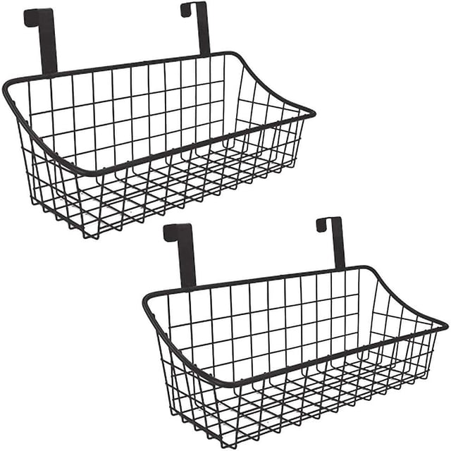 Cesta con gancho Cesta de almacenamiento de rejilla, Cuélguela detrás de una puerta o en una barandilla, Sobre la puerta del gabinete, Pequeña, Negra, Paquete de 2