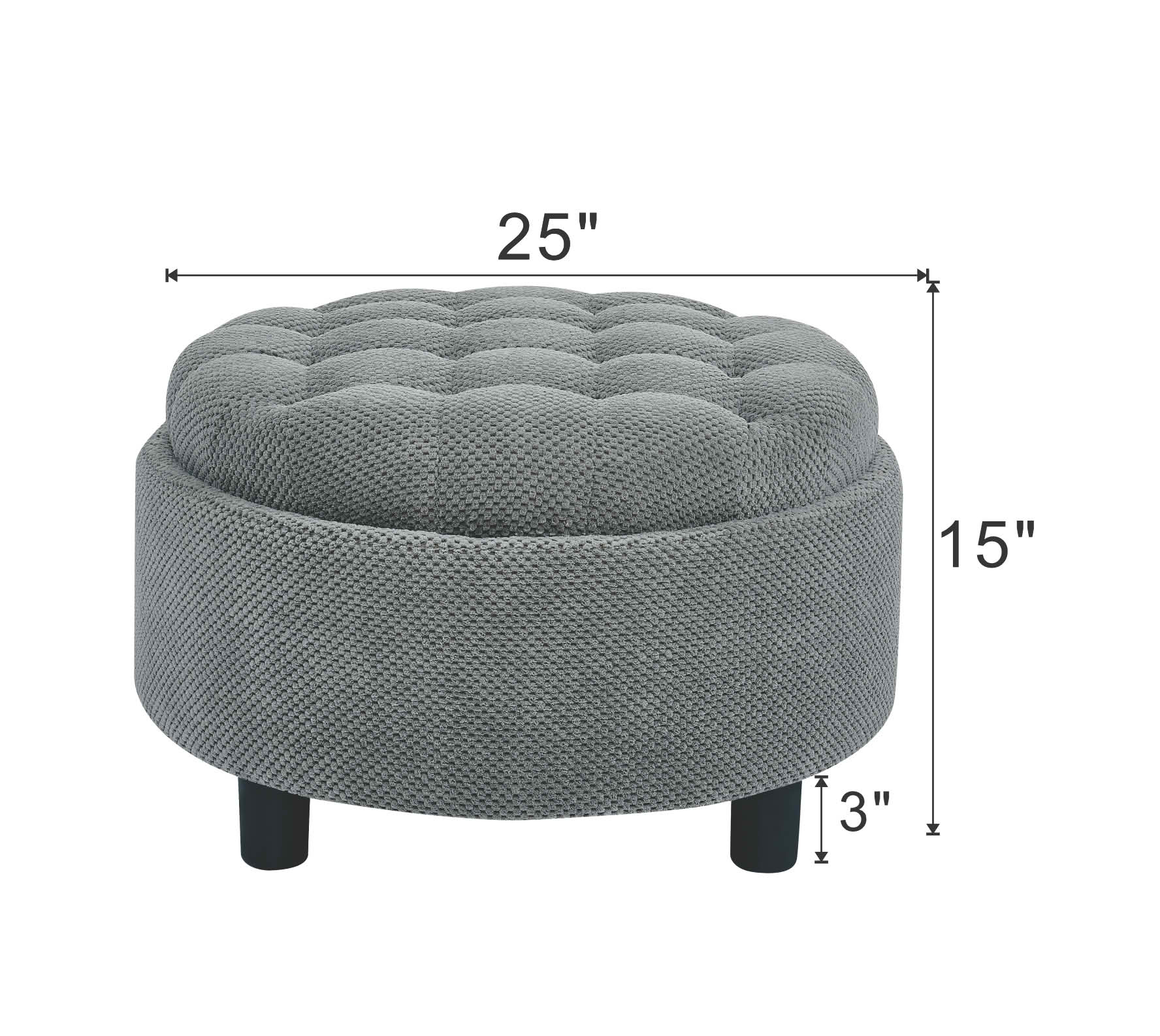 MAYEERTY 25 In Round Storage Ottoman with Tray, Tufted Fabric, Coffee Table Ottoman, Light Grey