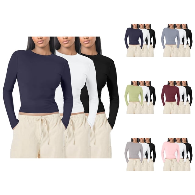 3 Pcs Chemises à Manches Longues pour Femmes 2026 Printemps Tendance T-Shirt Court Col Rond Amincissant