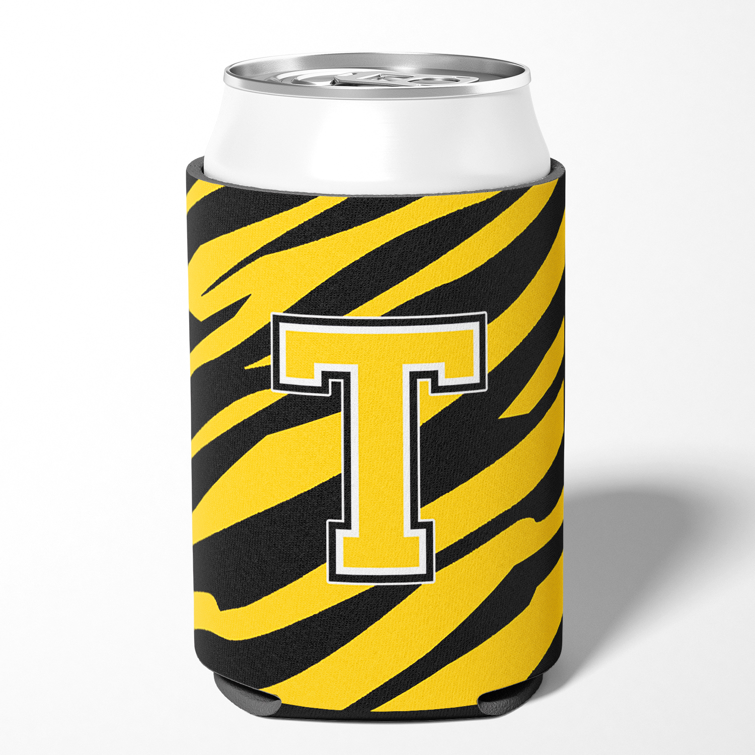 Letter T Initial Tiger Stripe - Black Gold  Can or Bottle Hugger
