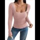 thumbnail image 3 of Camisas de Larga para Mujer, Cuello Cuadrado, Tops Cortos de Punto Acanalado, Conjuntos de Otoño, Ropa de Moda Raíz de Rosa M, 3 of 10