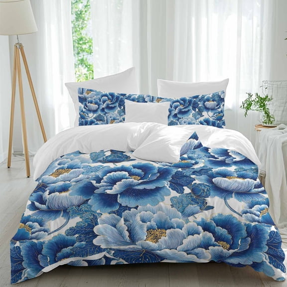 Vintage Blue Peony Comforter Set Queen Size, Botanical Rustic Chinese Style Soft Bedding Set for Man Woman, 4 Pieces Duvet Cover Set with Flat Sheet, 2 Pillowcases