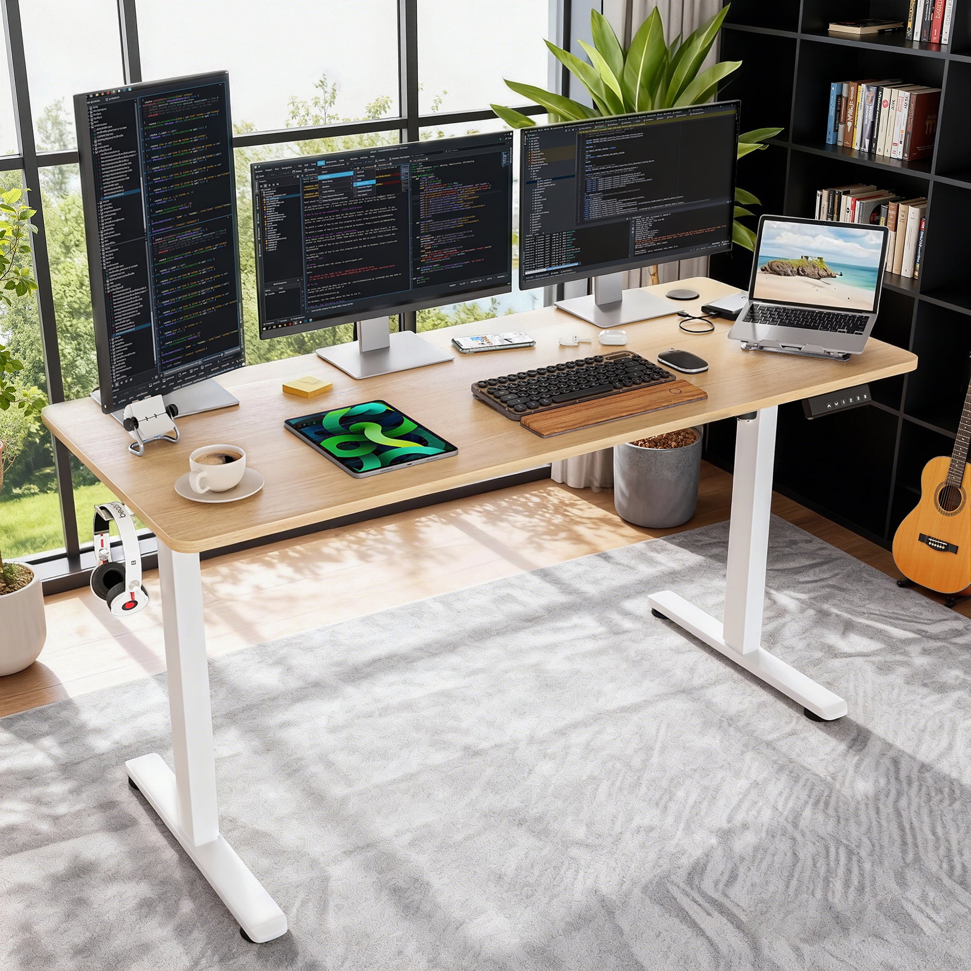 MAYEERTY 55×24" Electric Height-Adjustable Desk, Sit Stand Desk with Side Hooks for Home & Office, Nature