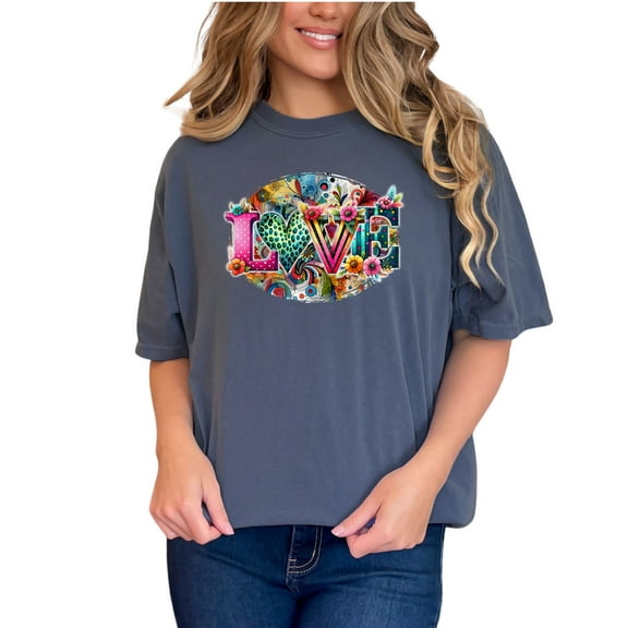 Colorful Love Graphic T-Shirt, Unique Vibrant Art Tee, Funky Flower Design Shirt, Trendy Artistic Apparel, Stylish Casual Wear, Denim Comfort Colors T-Shirt, Small