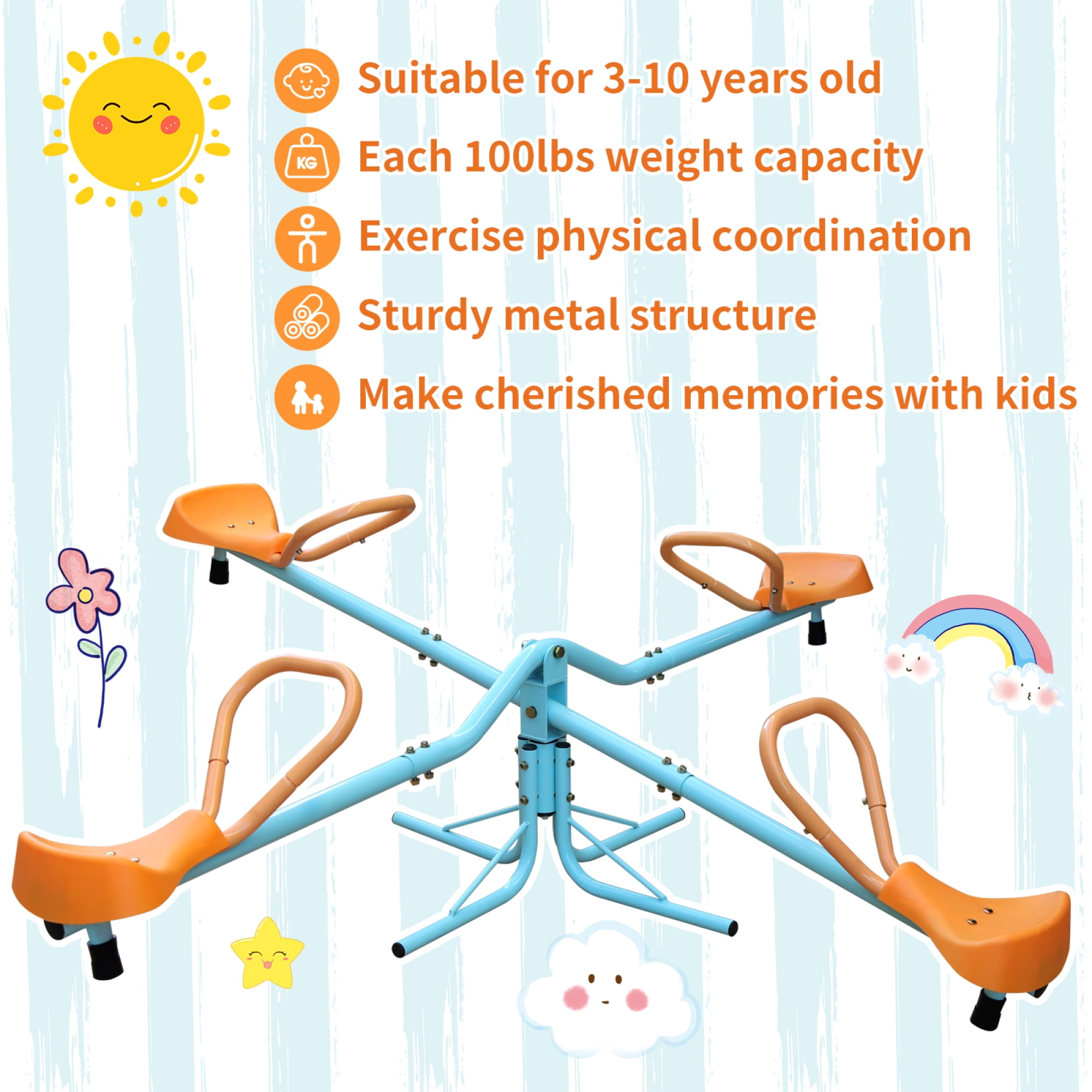 Teeter Totter for Kids,Kids Seesaw Swivel Teeter Totter Home Playground Equipment,360 Degrees Rotating Safe,4-Seats for Kids,Boys, Children,Blue Orange