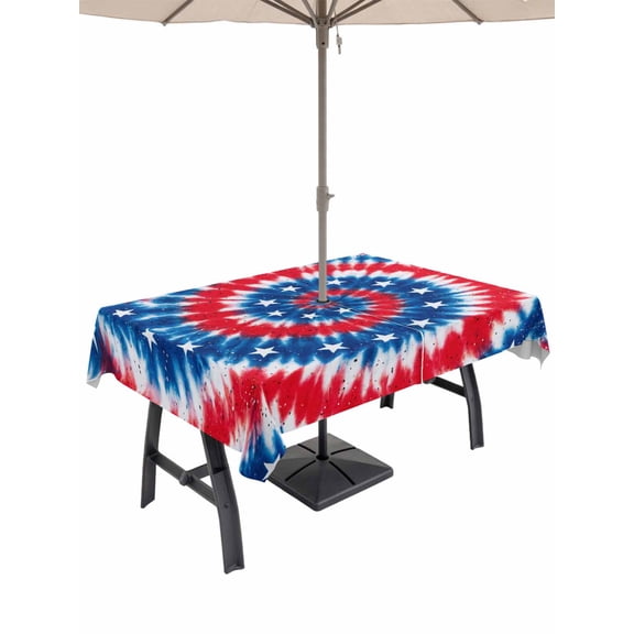 Outdoor Tablecloth with Umbrella Hole for Patio/Picnic/Party/Camping, Blue Red Tie-dye Waterproof Table Cloth Rectangle Table Cover Washable, Vintage American Stars Abstract Art (60"x 84")