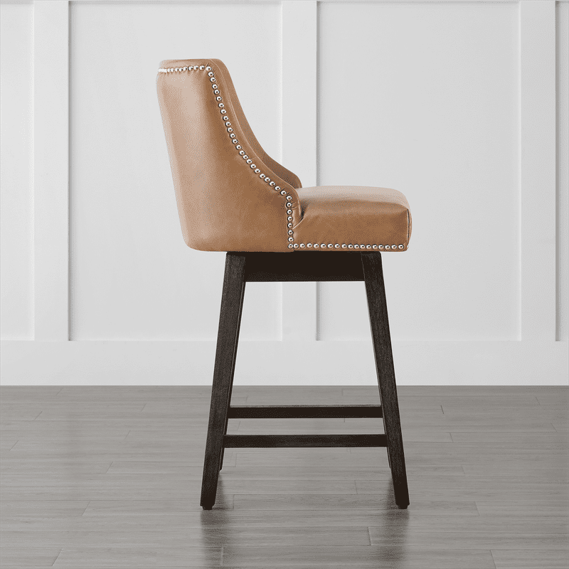 CHITA 26 inch Swivel Upholstered Counter Height Bar Stools with Full Back Set of 3,Faux Leather in Cognac Brown