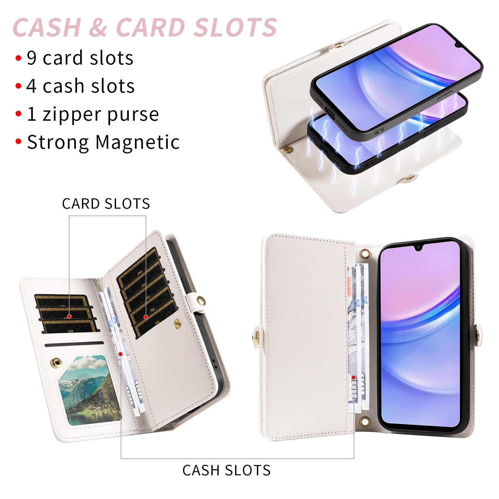 Asuwish Phone Case for Samsung Galaxy A15 5G/4G Zipper Wallet Detachable Cell Cover with Tempered Glass Screen Protector Crossbody Lanyard Strap Bling Glitter Flip Card Holder Slot A 15 G5 15A White