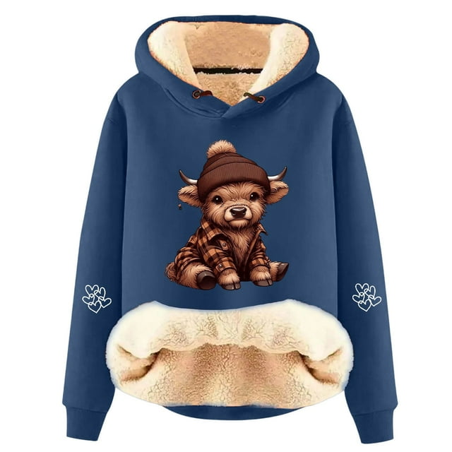 Chandail en Molleton Grande Taille, Sweat à Capuche Doublé Imprimé Vache Mignon Mode Décontractée Manches Longues pour Confort Confortable, Chandail en Molleton Col Rond Femmes, Taille : L