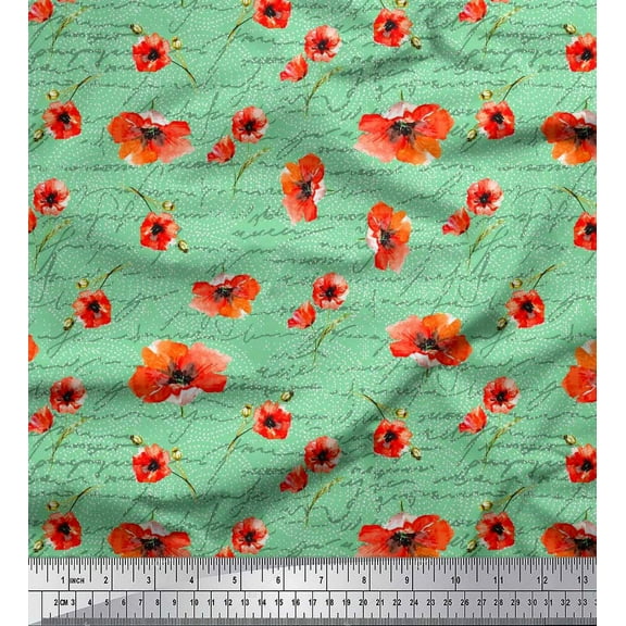 Soimoi Green Cotton Duck Fabric Text & Poppy Floral Printed Fabric 1 Yard 42 Inch Wide