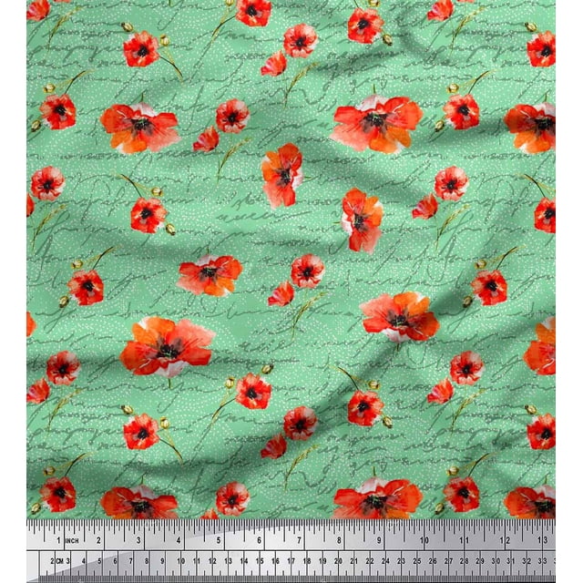 Soimoi Green Satin Silk Fabric Text & Poppy Floral Print Fabric by the Yard 42 Inch Wide