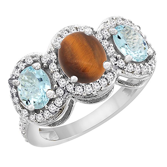 14K White Gold Natural Tiger Eye & Aquamarine 3-Stone Ring Oval Diamond Accent, size 5