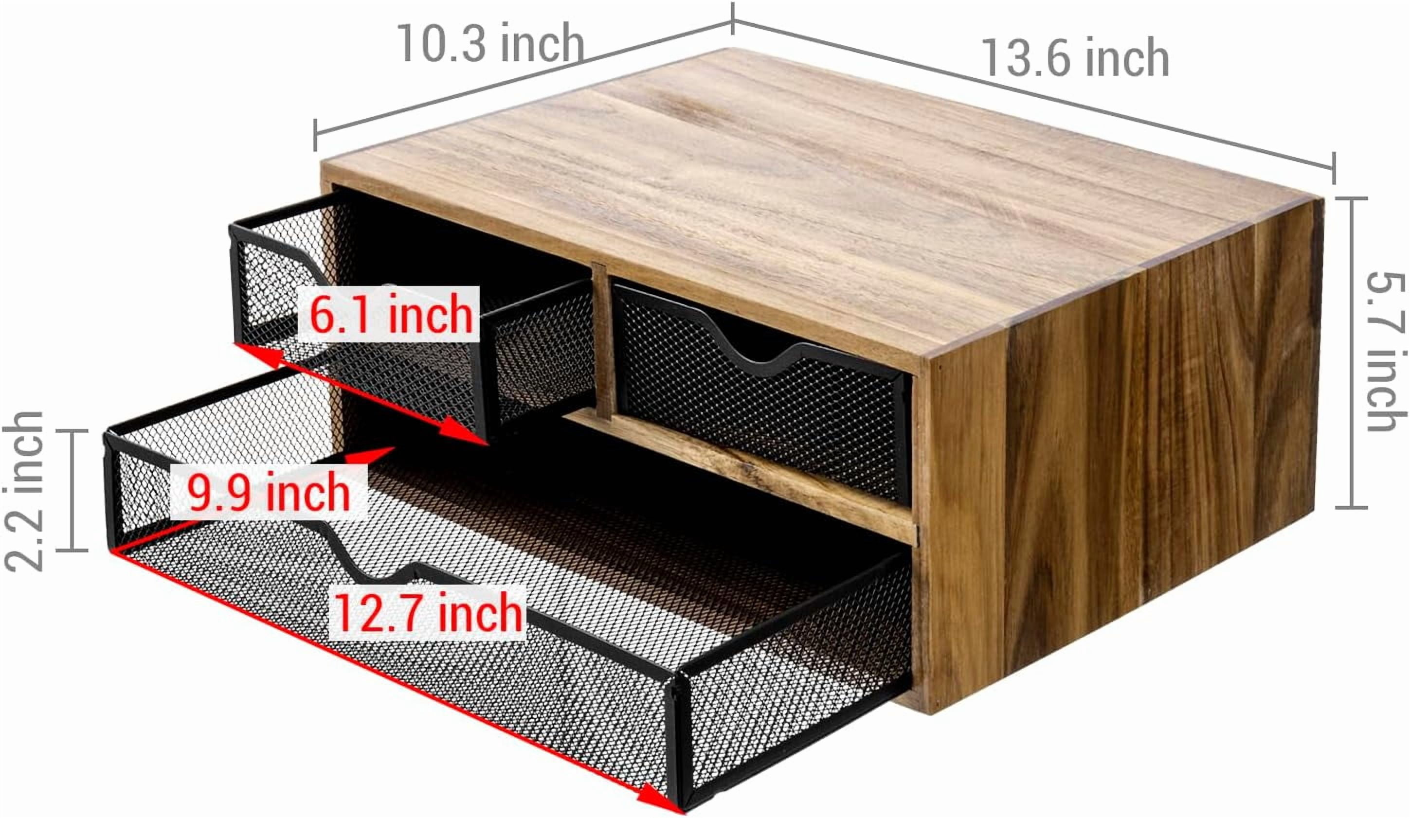 Premium Acacia Solid Wood Desktop Organizer Box with 3 Removable Black Metal Mesh Trays, Rustic Office Desk Supplies Storage Drawers for Accessories
