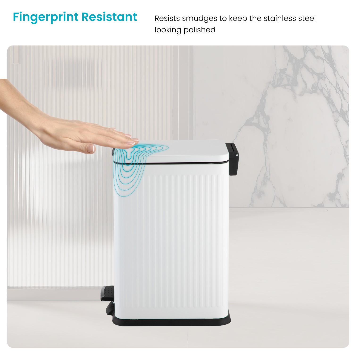 Home Zone Living 4 Gallon Slim Stainless Steel Kitchen Trash Can with Reeded Pattern, Step Pedal and Soft Close Lid, Matte White