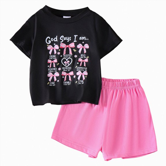 ZIXKCGDSE Girls Summer Outfits Cute Bow Graphic Tees Shorts Set Kids Trendy Clothes Going Out Size 3-4 Years
