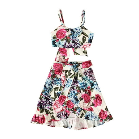 

Bescita Toddler Baby Girls Small Flower Print Suspenders Top Frenulum Short Skirt Suit