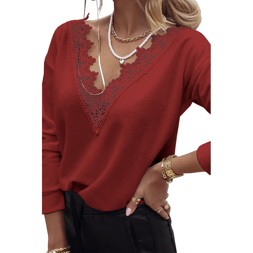 Women's Summer Lace V-Neck Solid Color Long Sleeve T-Shirt 