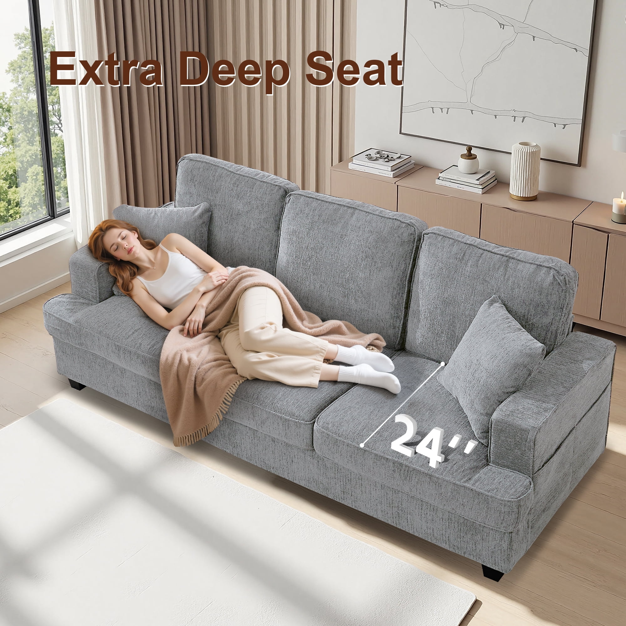 Korser 89" Chenille Sofa 3 Seater Couch with Extra Upholstered Deep Seats for Living Room,Removable Cover,Assembly Required,Pewter